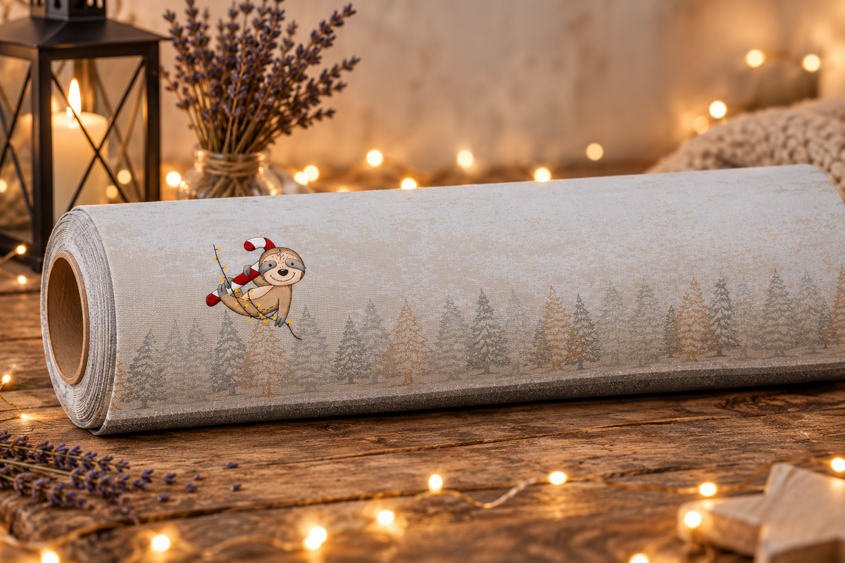 Eine Stoffrolle des French Terry Panels „Gemütliche Winterzeit“ liegt dekorativ auf einem Holztisch. Der Stoff hat einen hellen, strukturierten Hintergrund im Vintage-Stil und zeigt ein gezeichnetes Faultier auf einer rot-weißen Zuckerstange mit Lichterkette. Am unteren Rand des Designs verläuft eine Reihe von Tannenbäumen. Die Szene ist von warmer Festbeleuchtung und Lavendel umgeben.
