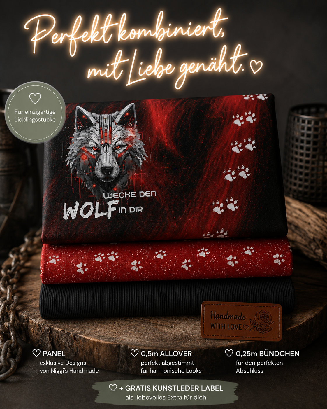 Kreativ-Stoffpaket „Wecke den Wolf in dir“ von Niggi's Handmade auf einer Holzscheibe. Das Set besteht aus einem Panel mit Wolfs-Motiv in Rot und Schwarz, einem Allover-Kombistoff mit Pfotenabdrücken, schwarzer Bündchenware und einem braunen Kunstleder-Label mit der Gravur „Handmade with Love“.